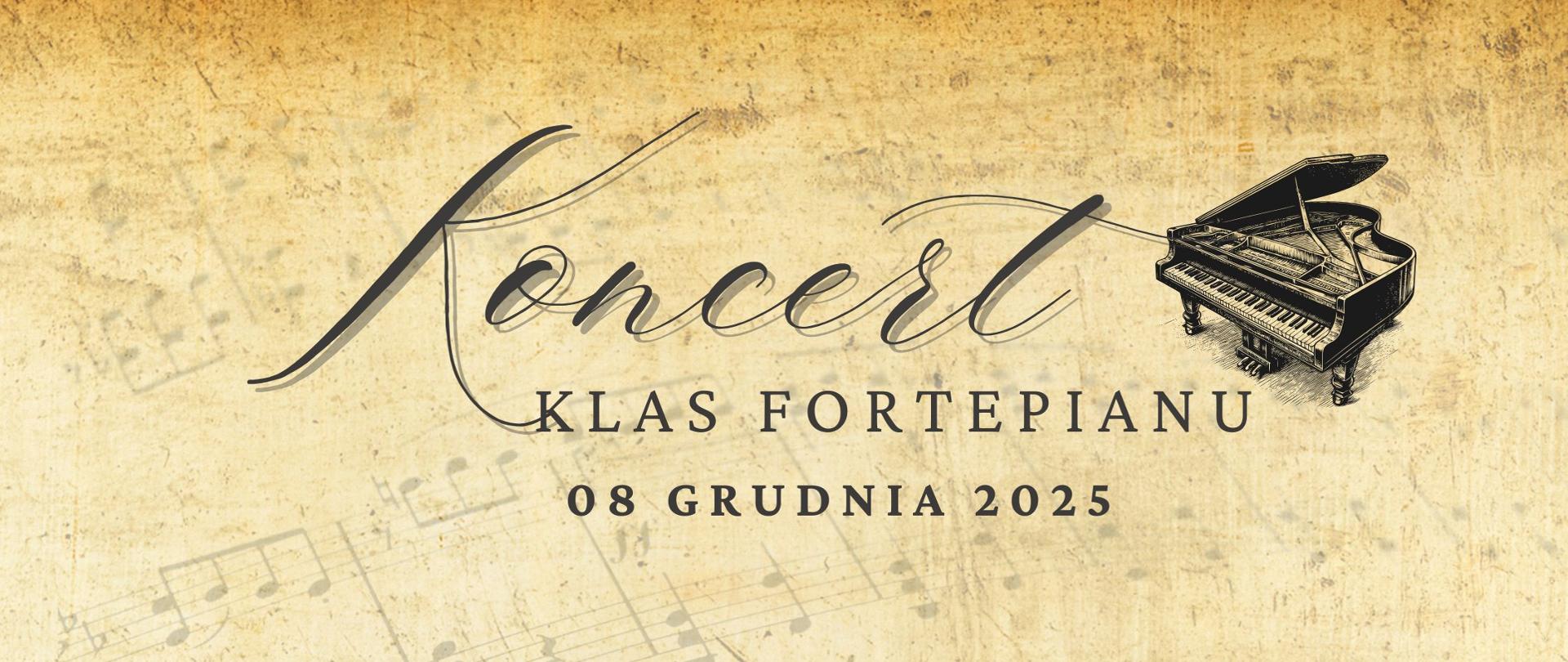 Plakat informujący o Koncercie klas fortepianu. Żółte tło z rysunkiem fortepianu. Napisy w kolorze czarnym. 