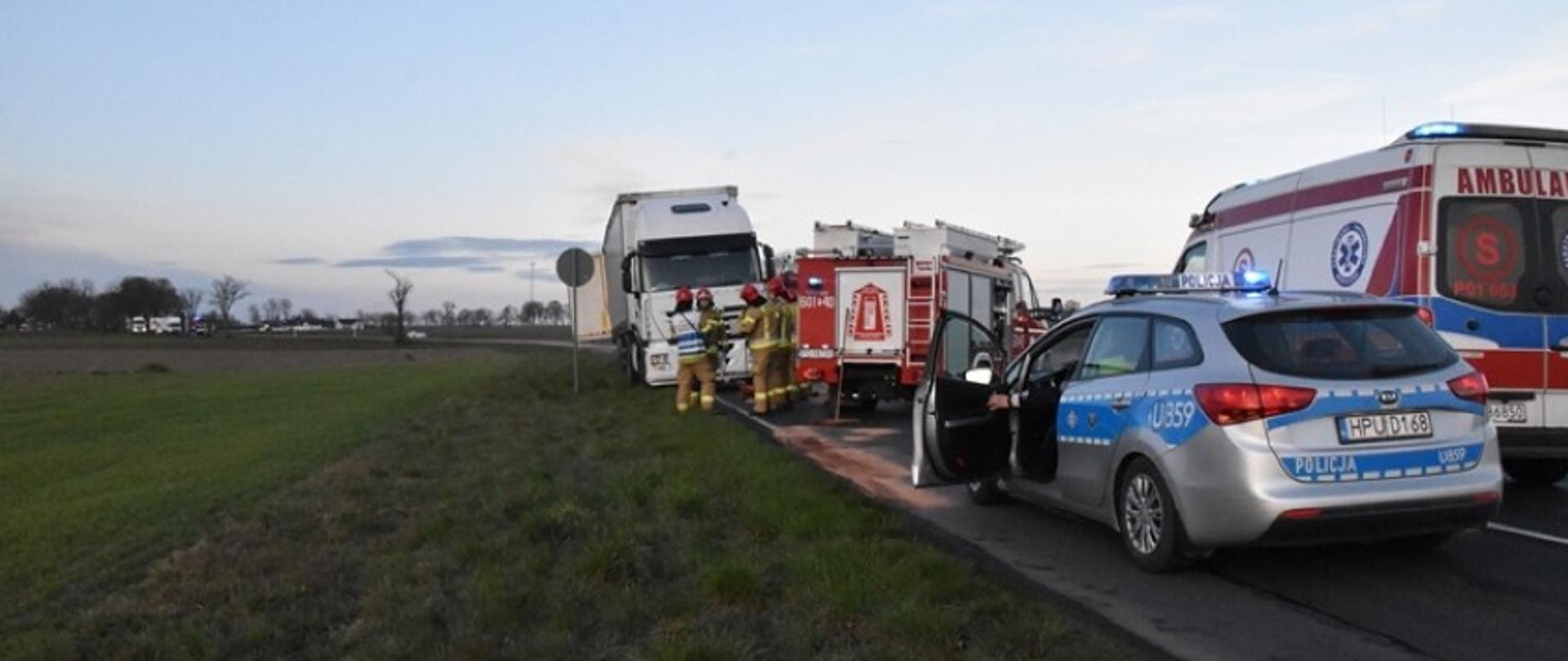 Na zdjęciu strażacy na jezdni, pojazdy strażackie ambulans oraz radiowóz i obok znaku stoi ciężarówka 