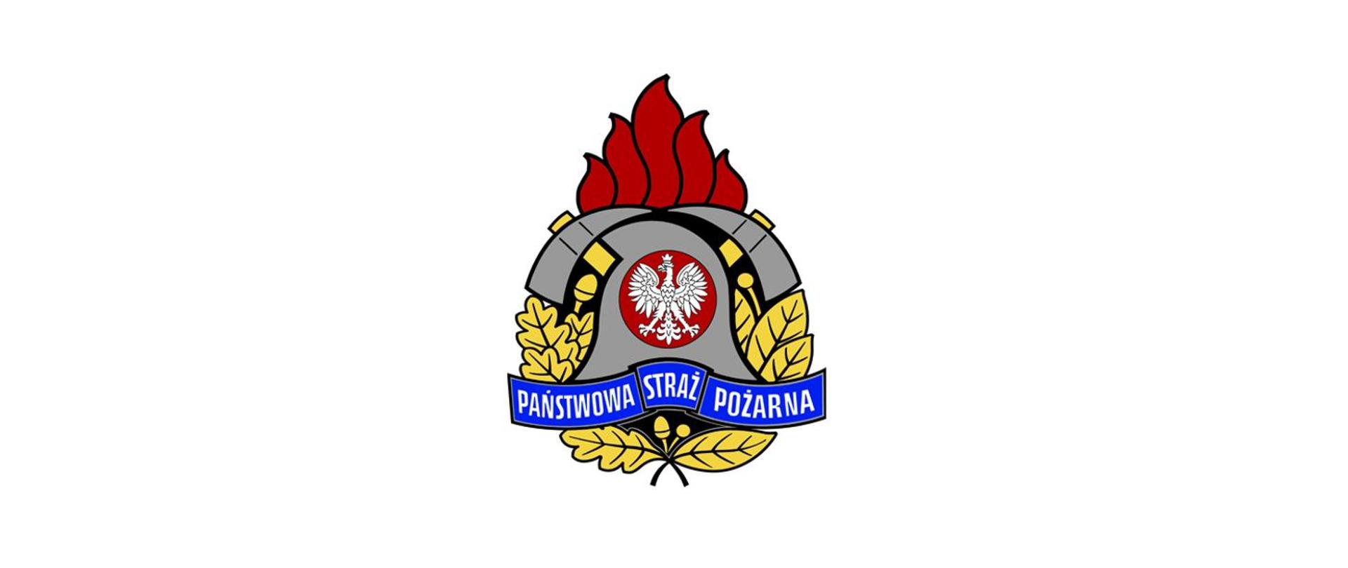 Slider – logotyp PSP, w centrum znajduje się godło Państwa Polskiego – Orzeł Biały. Hełm strażacki, który okalają dwa toporki. Całość dopełnia złoty wieniec z liści oraz owoców dębu i wawrzynu.