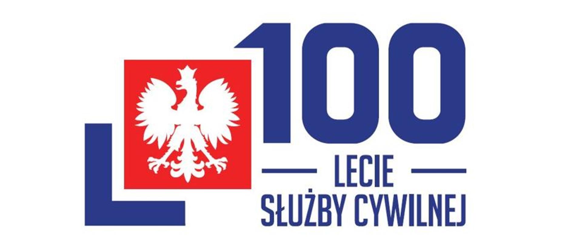 Logo 100-lecia służby cywilnej. Na obrazku znajduje się logo służby cywilnej: biały orzeł w czerwonym kwadracie, granatowe ramki w dolnym lewym roku i górnym prawym roku. Obok napis 100-lecie służby cywilnej.