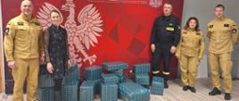 Zdjęcie przedstawia strażaków stojących w świetlicy przed banerem komendy. Na podłodze leżą prezenty dla jednej z rodzin powiatu konińskiego. 
