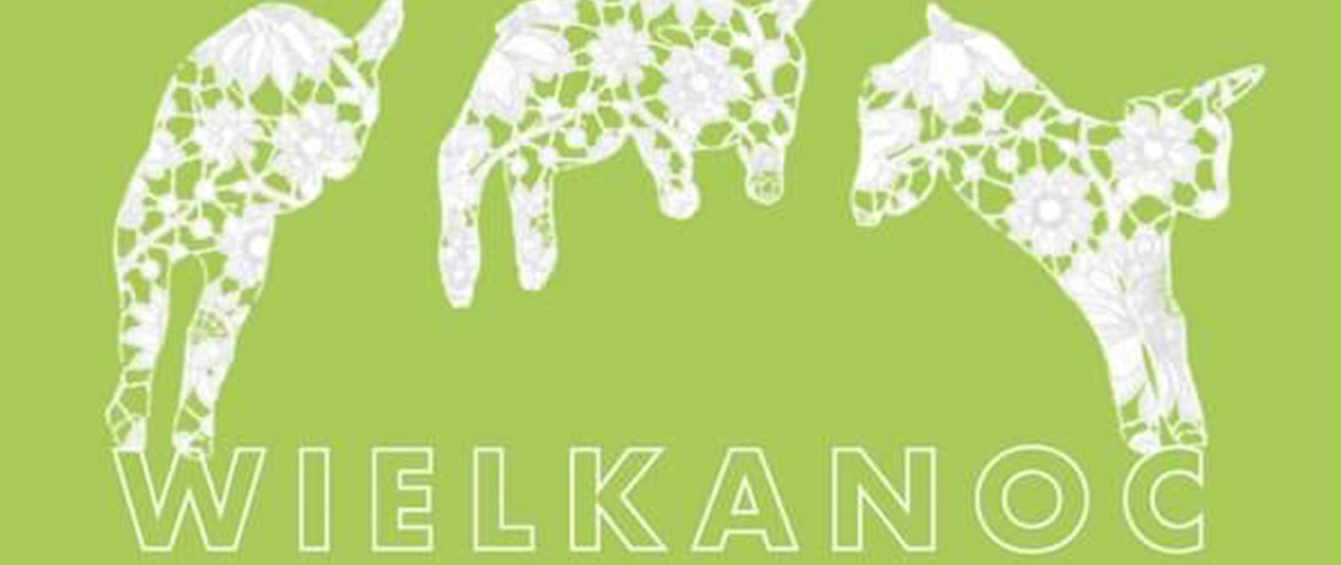 Grafika, na zielonym tle trzy białe koronkowe, skaczące owieczki, pod nimi napis "Wielkanoc"