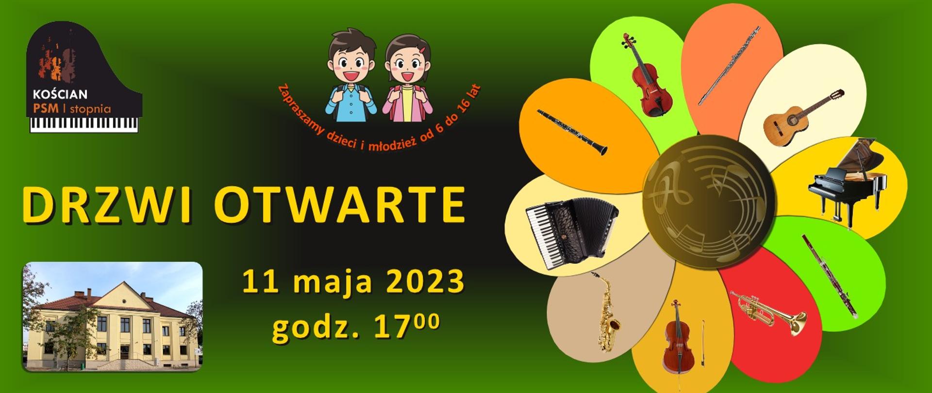plakat - Drzwi Otwarte z motywem kwiatka, na którym umieszczone są instrumenty muzyczne, zdjęciem i logotypem szkoły