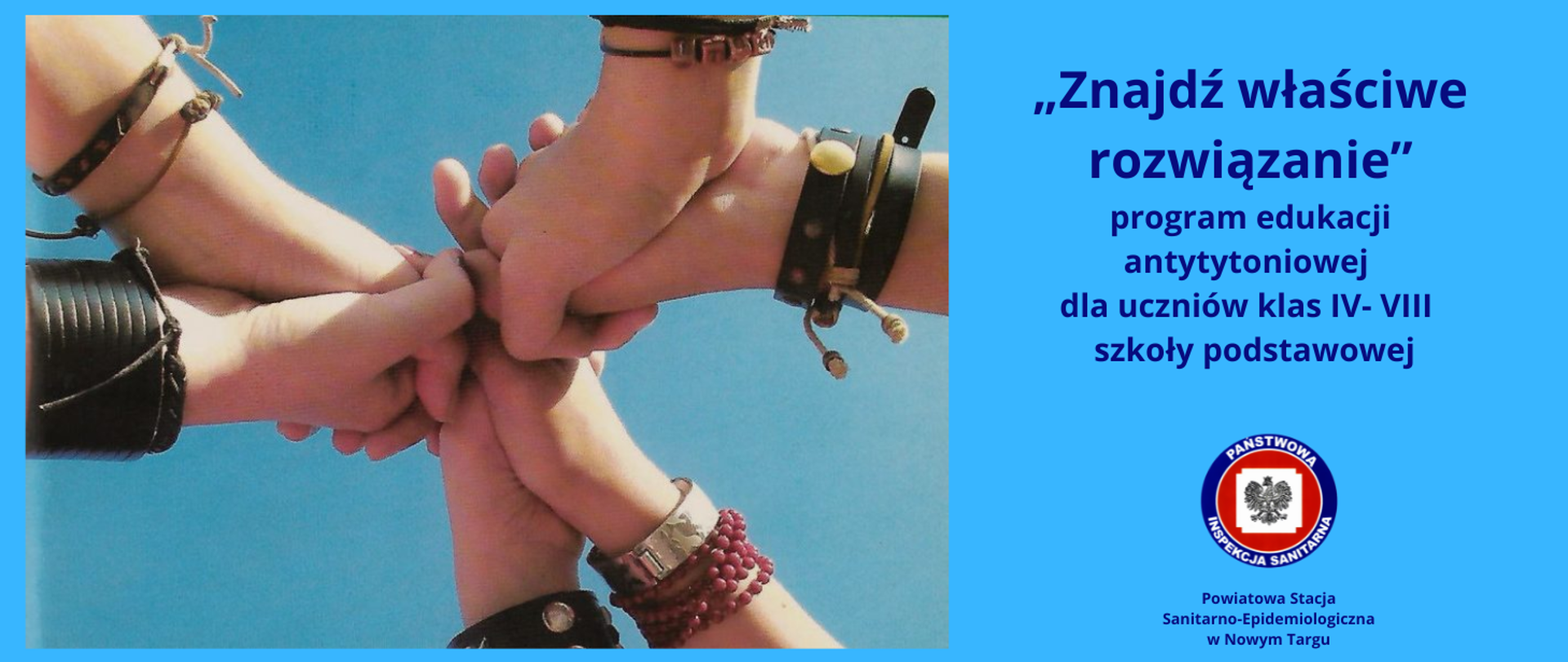 Zaciśnięte dłonie na plakacie promującym program znajdź właściwe rozwiązanie
