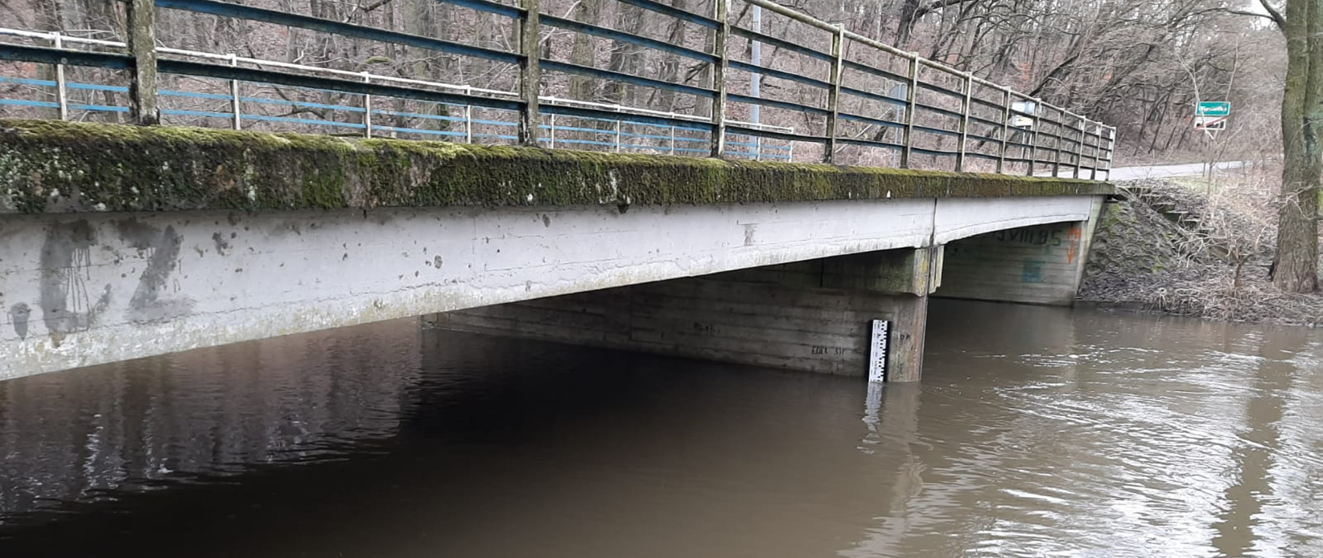 Rzeka Dobrzyca w miejscowości Wiesiółka. Na zdjęciu widać wysoki stan rzeki oraz most. Przy nim znajduje się wodowskaz. Most jest betonowy. Częściowo omszały. Nad mostem droga i las. 