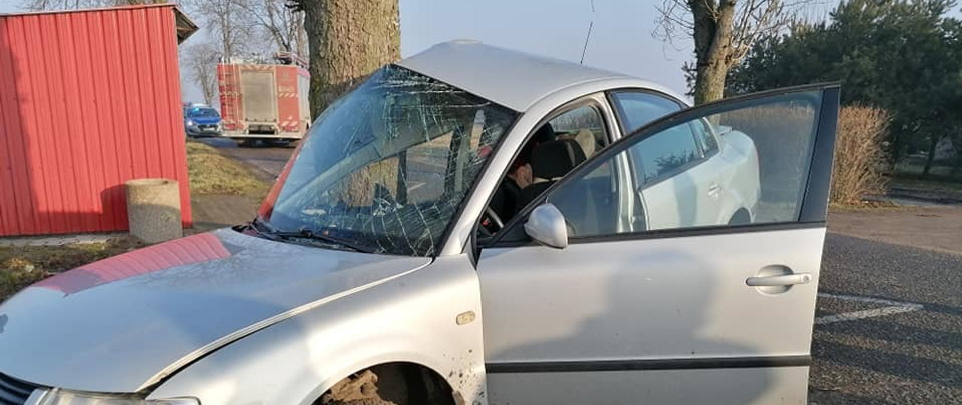Samochód po uderzeniu w drzewo