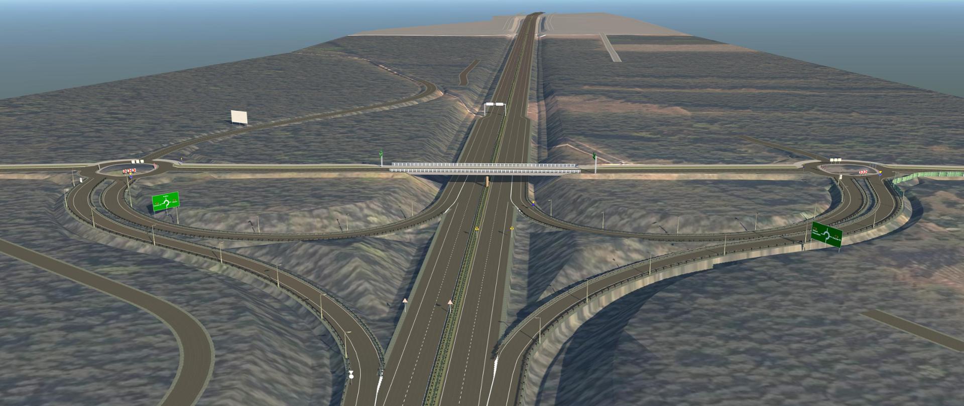 Wizualizacja GDDKiA obwodnicy Olesna. Na grafice z tzw. lotu ptaka widać zarys dwóch jezdni. W oddali most oraz rozjazdy drogowe. W prawym dolnym rogu znak w kolorze niebieskim z napisem TRAKT