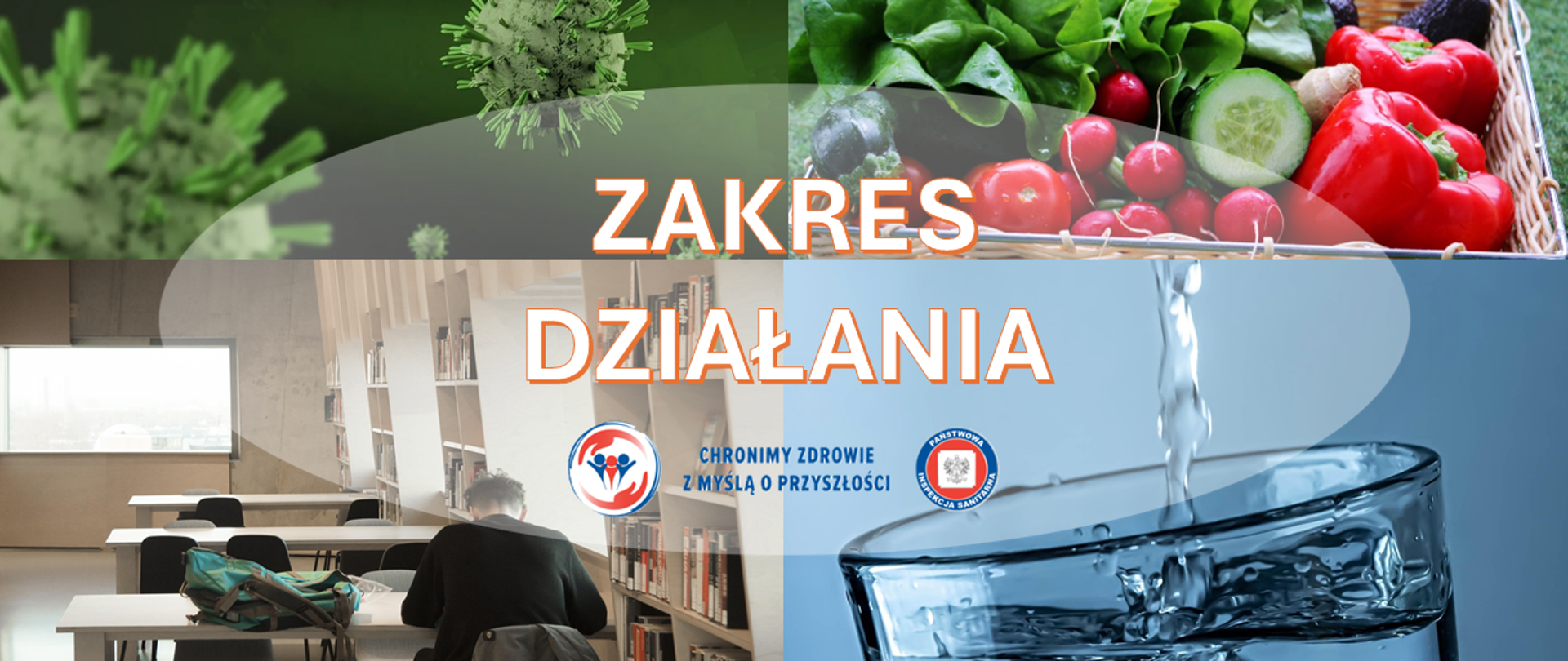 Kolaż czterech zdjęć przedstawiających: wizualizację wirusów, kosz z warzywami i owocami, salę lekcyjną z uczniami oraz lejącą się wodę do szklanki. Na środku widoczny jest napis ‘Zakres działania’. U dołu znajdują się dwa logotypy Państwowej Inspekcji Sanitarnej wraz z hasłem: "Chronimy zdrowie z myślą o przyszłości"