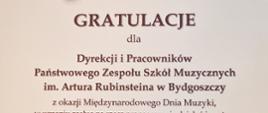 list gratulacyjny, na górze pięciolinia z zapisem nutowym, poniżej dla dyrekcji i pracowników szkoły od Prezydenta Miasta Bydgoszcz z okazji Międzynarodowego Dnia Muzyki podpisał Prezydent Miasta Bydgoszczy Rafał Bruski