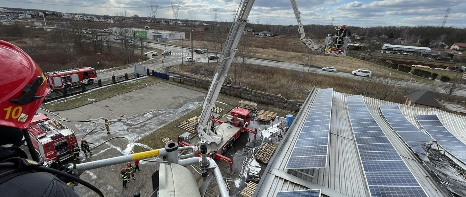 Zdjęcie wykonane z kosza podnośnika hydraulicznego, który znajduje się ponad dachem hali objętej pożarem. W koszu znajduje się strażak, który ma na głowie czerwony hełm z żółtą liczbą 10. Na drugim planie, na poziomie gruntu znajdują się 3 czerwone wozy strażackie oraz kilku strażaków w czerwonych hełmach. Po prawej stronie zdjęcia widoczny dach hali produkcyjnej, która objęta była pożarem. Na dachu tej hali widać zamontowane panele fotowoltaiczne, w tym część z nich uszkodzona została przez ogień. W tle widocznych kilka samochodów, które poruszają się po drodze.
