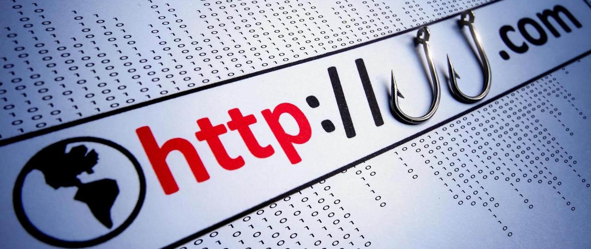 Kula ziemska i fragment adresu strony internetowej a po środku dwa haczyki