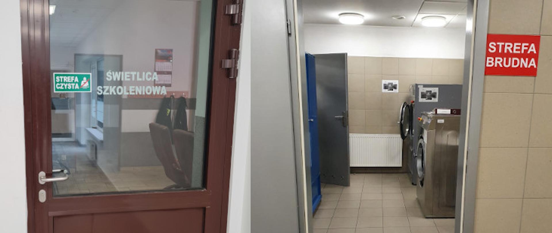 zdjęcie złożone z dwóch zdjęć, po lewej stronie brązowe drzwi z szybą, na której widnieje napis świetlica szkoleniowa oraz zielona naklejka z napisem strefa czysta, po przawej stronie zdjęcia pomieszczenie z widoczną pralką oraz suszarką, pomieszczenie wyłożone kafelkami, widonycz na ścianie napis na czerwonej tabliczce strefa czysta
