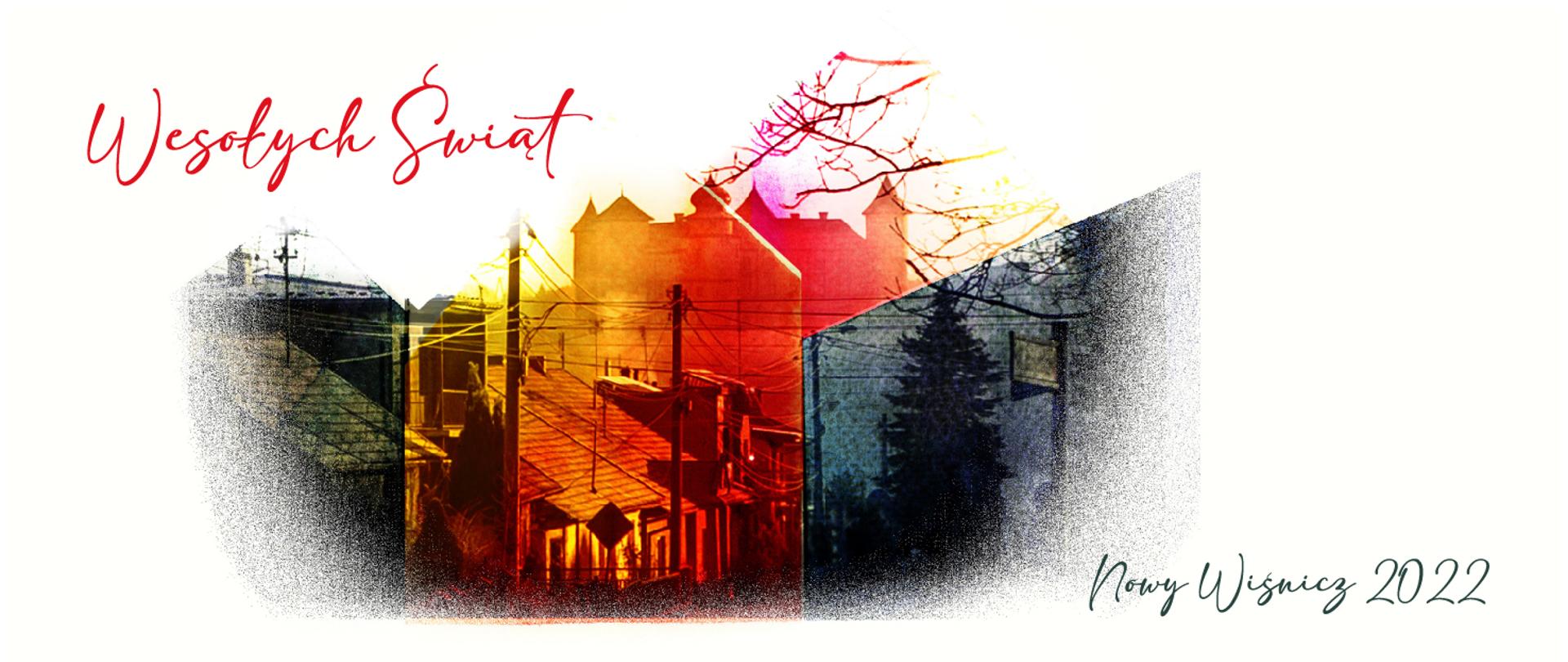 Grafika na białym tle na górze po lewej czerwony napis Wesołych Świąt, w środku fragment panoramy Wiśnicza w kolorach szarości, czerwieni, żółci i błękitu, na dole po lewej czarny napis Nowy Wiśnicz 2022