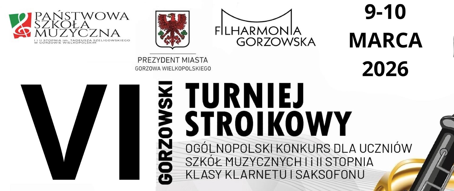 Plakat Turnieju Stroikowego. Na jasnym tle kompilacja saksofonu i klarnetu. Naokoło logo organizatorów, sponsorów i patronów medialnych