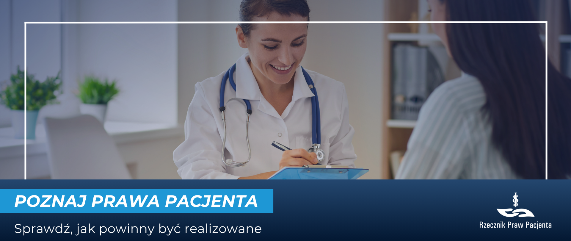 Grafika przedstawia uśmiechniętą lekarkę i pacjenta siedzących przy stole. 