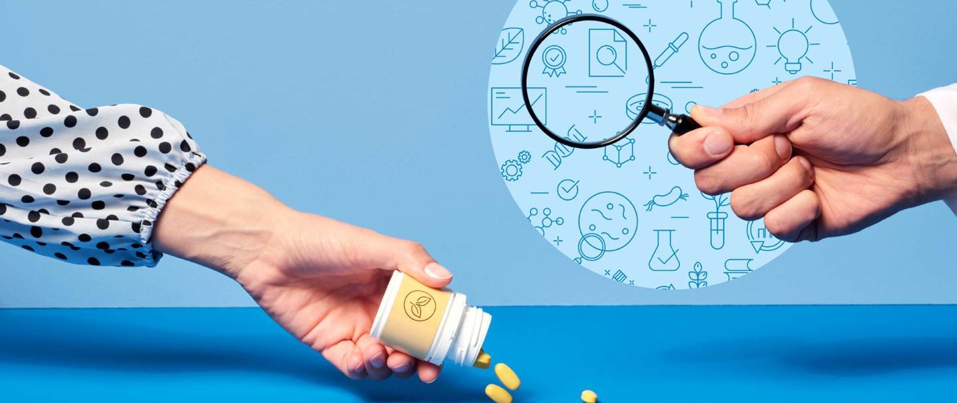 zdjęcie przedstawia rękę , która wysypuje z opakowania tabletki , druga ręka trzyma szkło powiększające , na tle zdjęcia napis-suplementacja potasu to doładowanie, sprawdzenie skuteczności , to już nauka , EFSA – godna zaufania nauka dla bezpiecznej żywności , obok logo Inspekcji Sanitarnej 