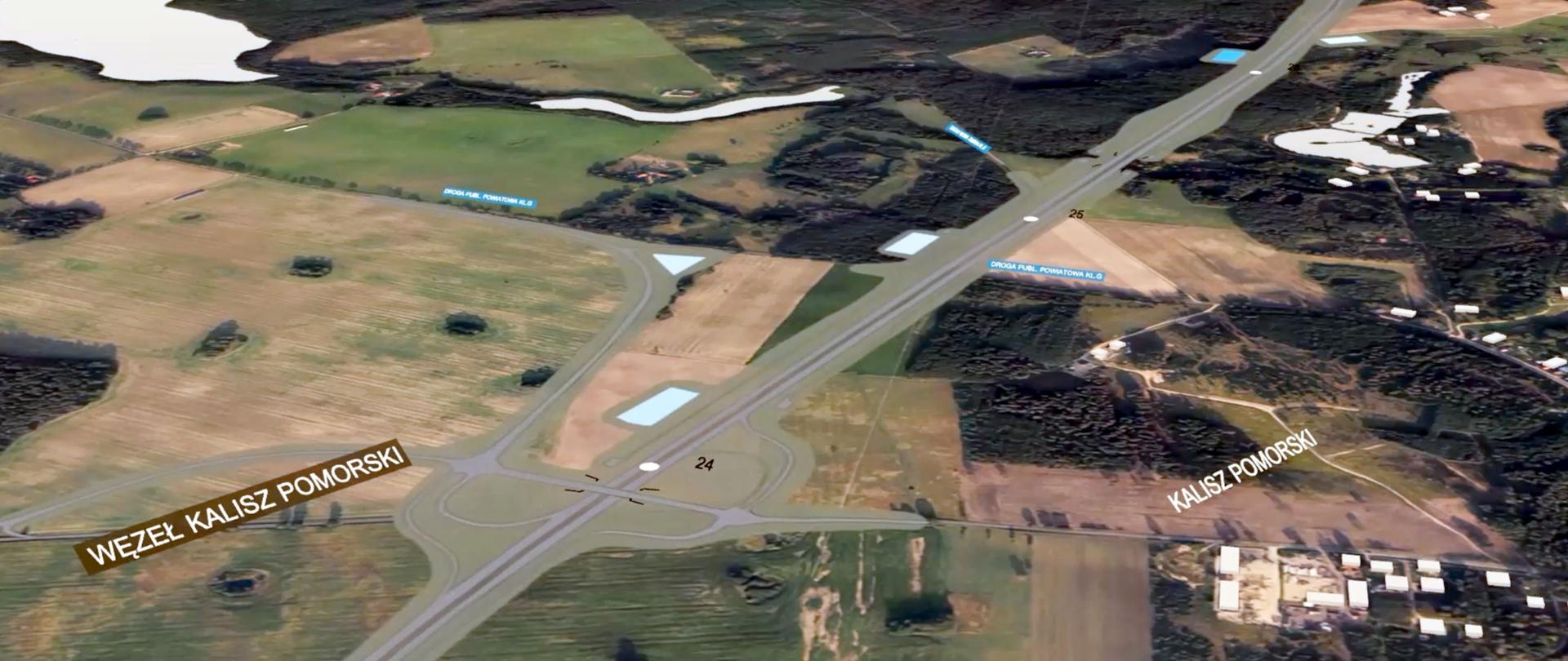 Zdjęcie przedstawia wizualizację węzła Kalisz Pomorski naniesioną na ortofotomapę