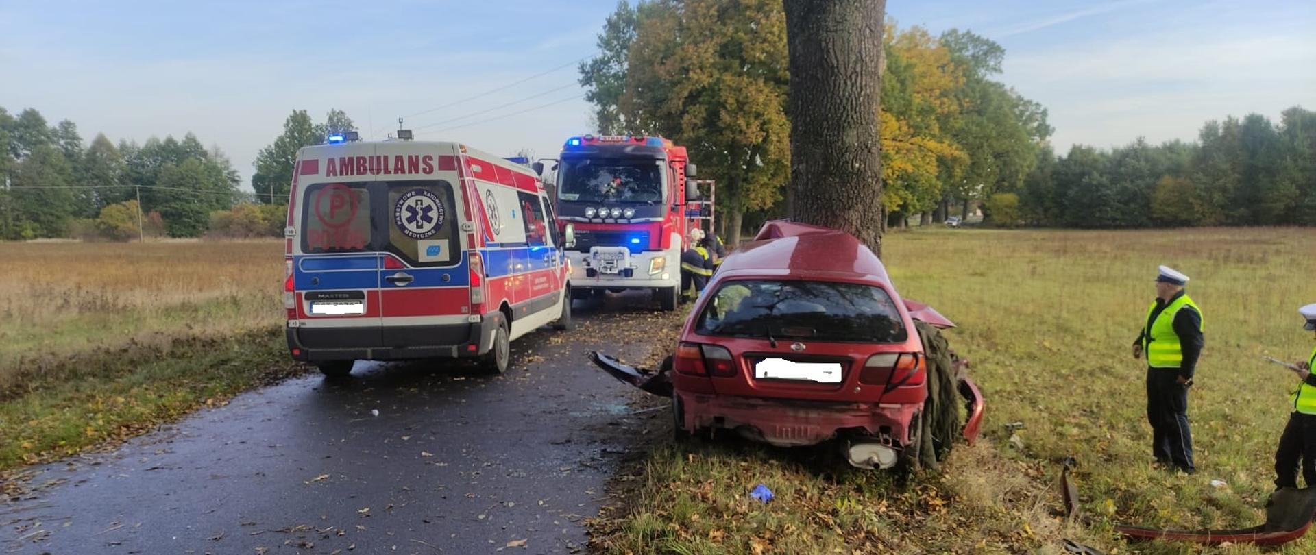Samochód rozbity o drzewo. W tle pojazdy ratownicze.