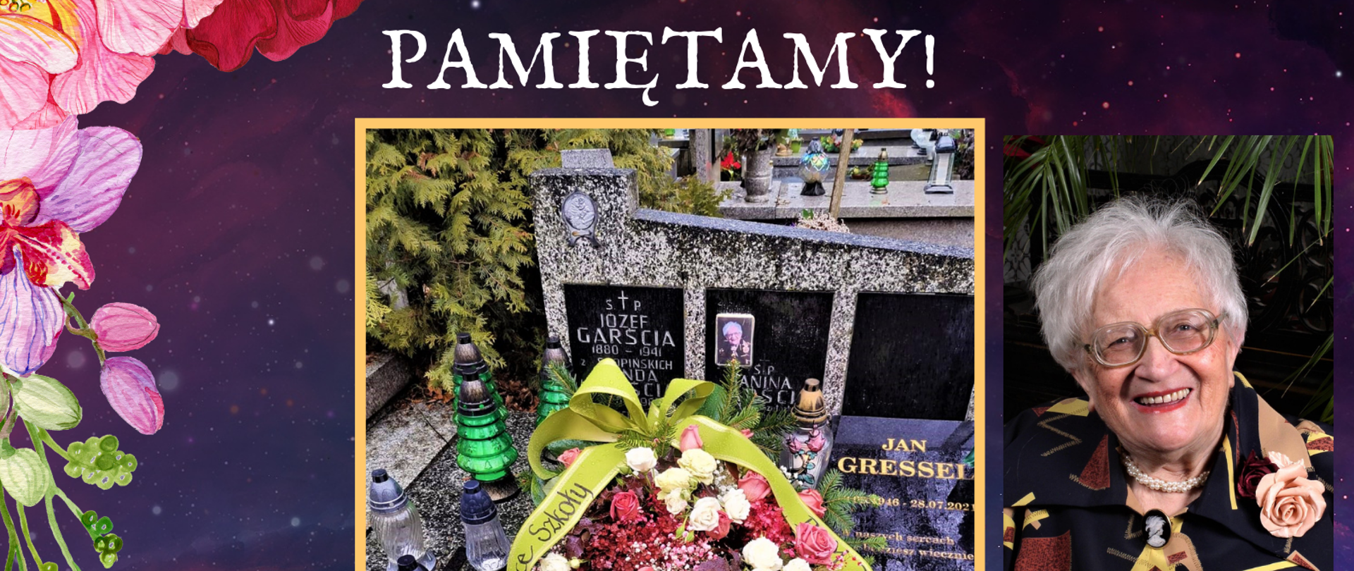 Plakat upamiętniający rocznicę śmierci Janiny Garści. Na środku zdjęcie wiązanki, zdjęcie J. Garści, na dole napis informacyjny. Ciemne tło z kwiatami.