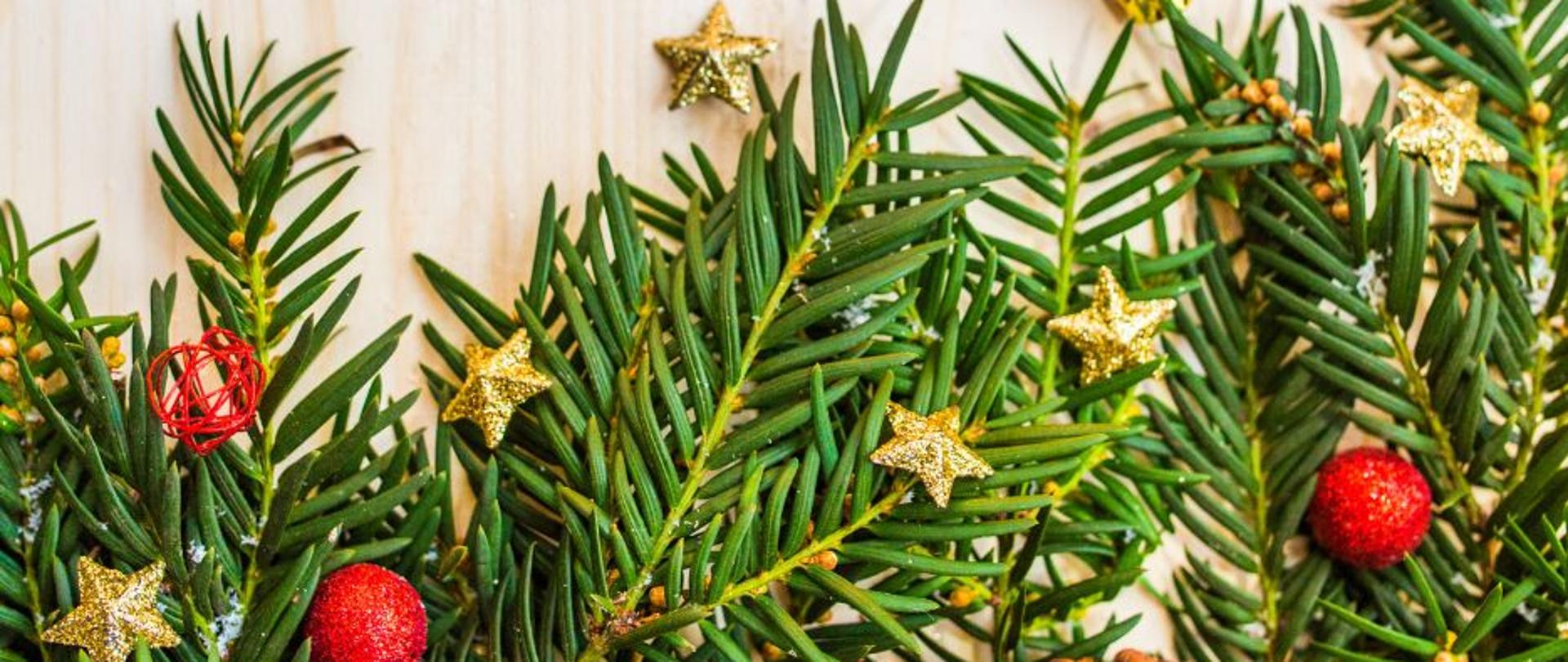 Zdjęcie przedstawia fragment choinki udekorowany ozdobami gwiazdki żółte bombki czerwone