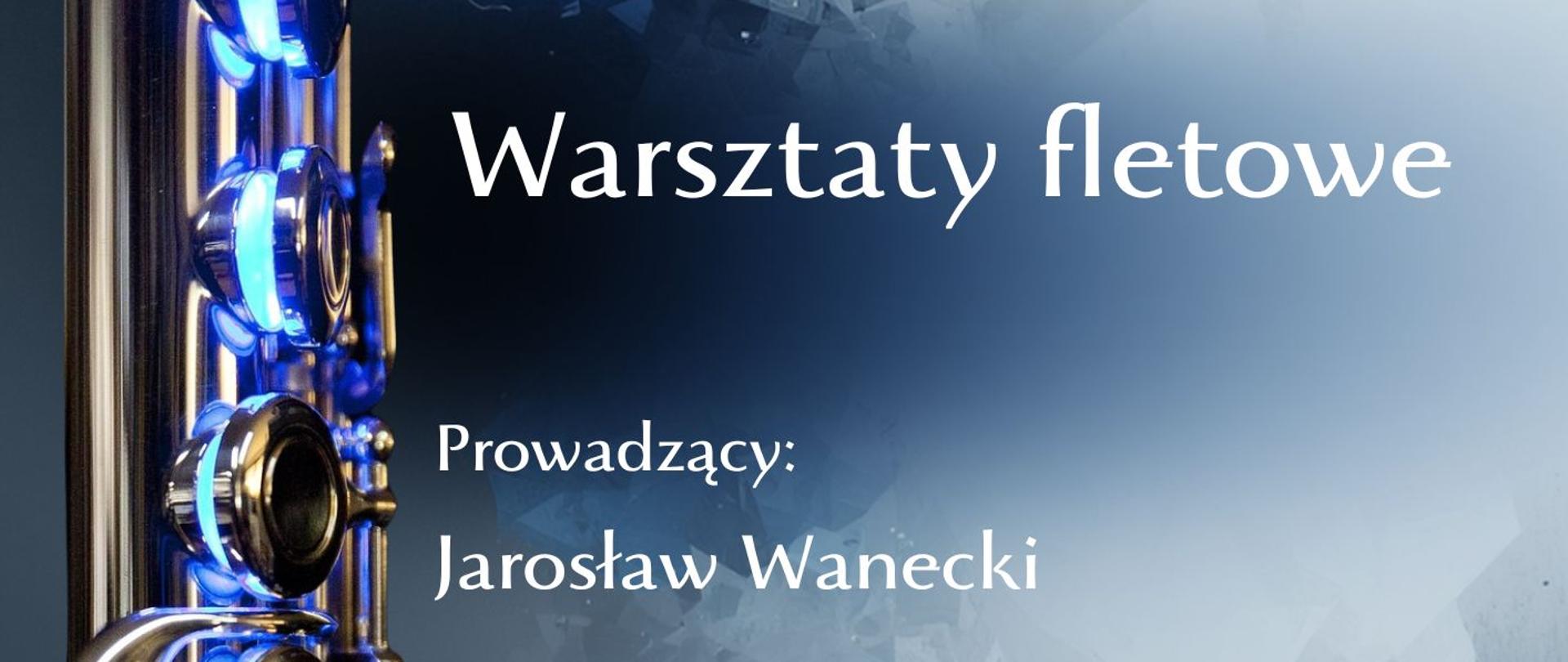 Plakat promujący warsztaty fletowe organizowane przez Państwową Szkołę Muzyczną I i II stopnia im. Ignacego Jana Paderewskiego w Stalowej Woli. Tło utrzymane jest w chłodnych odcieniach niebieskiego, granatu i szarości z abstrakcyjną, geometryczną grafiką przypominającą rozpryskujące się lub krystaliczne fragmenty. Po lewej stronie na całej wysokości plakatu widoczny jest fragment srebrnego fletu poprzecznego w dużym zbliżeniu, którego klapy są podświetlone intensywnym niebieskim światłem, nadając kompozycji nowoczesny, lekko futurystyczny charakter. W górnej części plakatu znajduje się napis: „Państwowa Szkoła Muzyczna I i II stopnia im. Ignacego Jana Paderewskiego w Stalowej Woli”. W centralnej części dużym białym napisem widnieje tytuł wydarzenia „Warsztaty fletowe”. Poniżej umieszczona jest informacja „Prowadzący: Jarosław Wanecki”. Po prawej stronie w środkowo-dolnej części znajdują się szczegóły wydarzenia: „18 marca 2026” oraz „Aula Szkoły”. Na dole plakatu widnieje napis „Zapraszamy”.