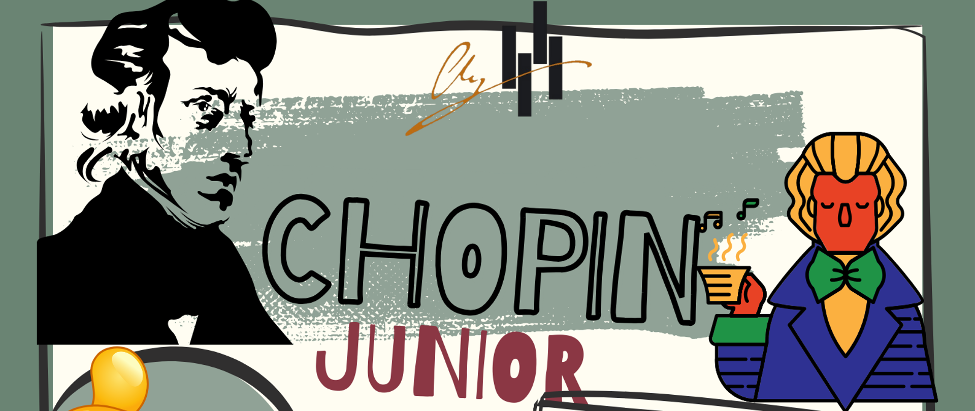 Na plakacie znajdują się dwie ryciny Fryderyka Chopina oraz uśmiechnięta z kciukiem podniesionym do góry buzia emotikona, w dolnej części plakatu kolorowe nutki. Na plakacie znajdują się następujące informacje: od góry logo szkoły następnie pełna nazwa wydarzenia Chopin Junior. Kolejno w prostokącie następująca informacja: Drodzy uczniowie serdecznie zapraszamy do wzięcia udziału w szkolnym konkursie wiedzy o życiu i twórczości Fryderyka Chopina :Chopin Junior". Obok data i miejsce wydarzenia - 3 marca 2025 r godz. 16.15, sala 21. Kolejno w kwadracie informacja: Konkurs- materiały do konkursu u Pani Elizy Krupińskiej ( sala 21). W prawym dolnym rogu zaproszenie do wzięcia udziału w konkursie.