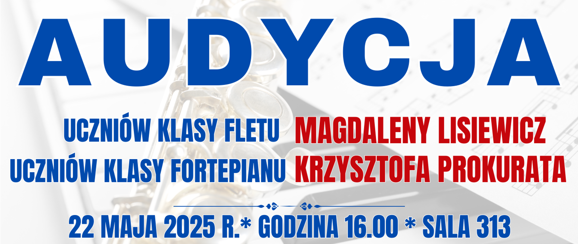 baner z półprzezroczystym fletem poprzecznym leżącym na klawiaturze fortepianu i nutach oraz informacja o wydarzeniu