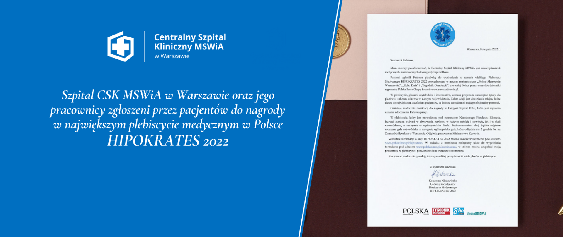 Szpital CSK MSWiA w Warszawie oraz jego pracownicy zgłoszeni przez pacjentów do nagrody w największym plebiscycie medycznym w Polsce - HIPOKRATES 2022

