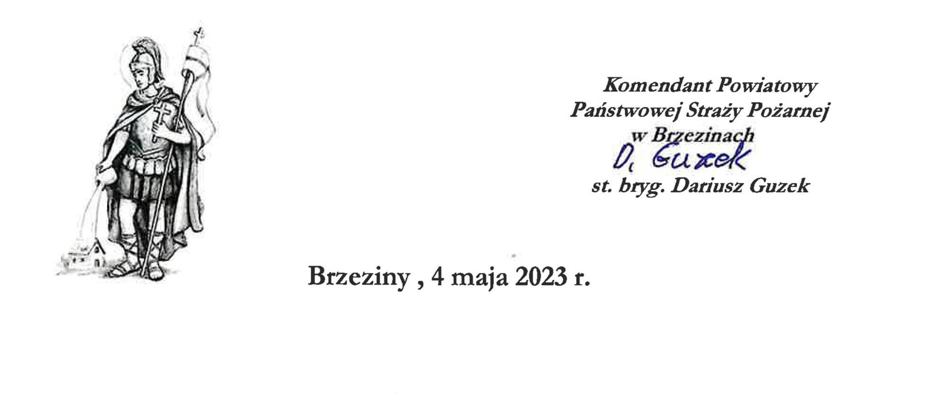 Kartka z życzeniami od komendanta powiatowego PSP w Brzezinach za rok 2023
