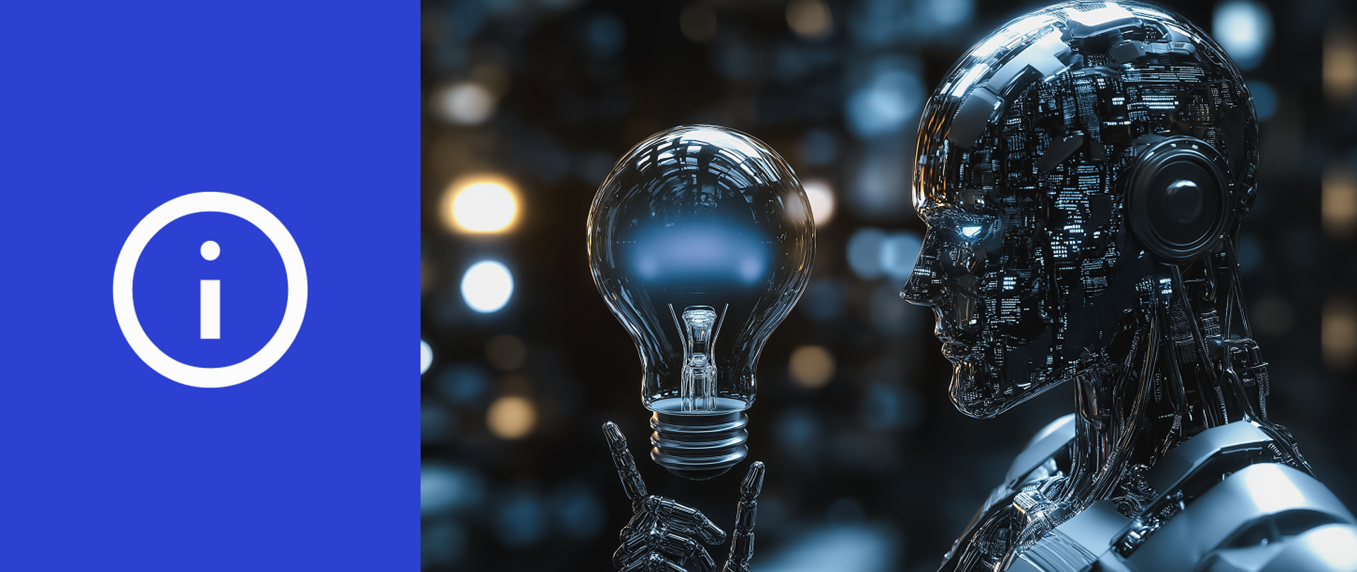 Baner z ikoną artykułu informacyjnego oraz robot humanoidalny przyglądający się żarówce trzymanej w dłoni.