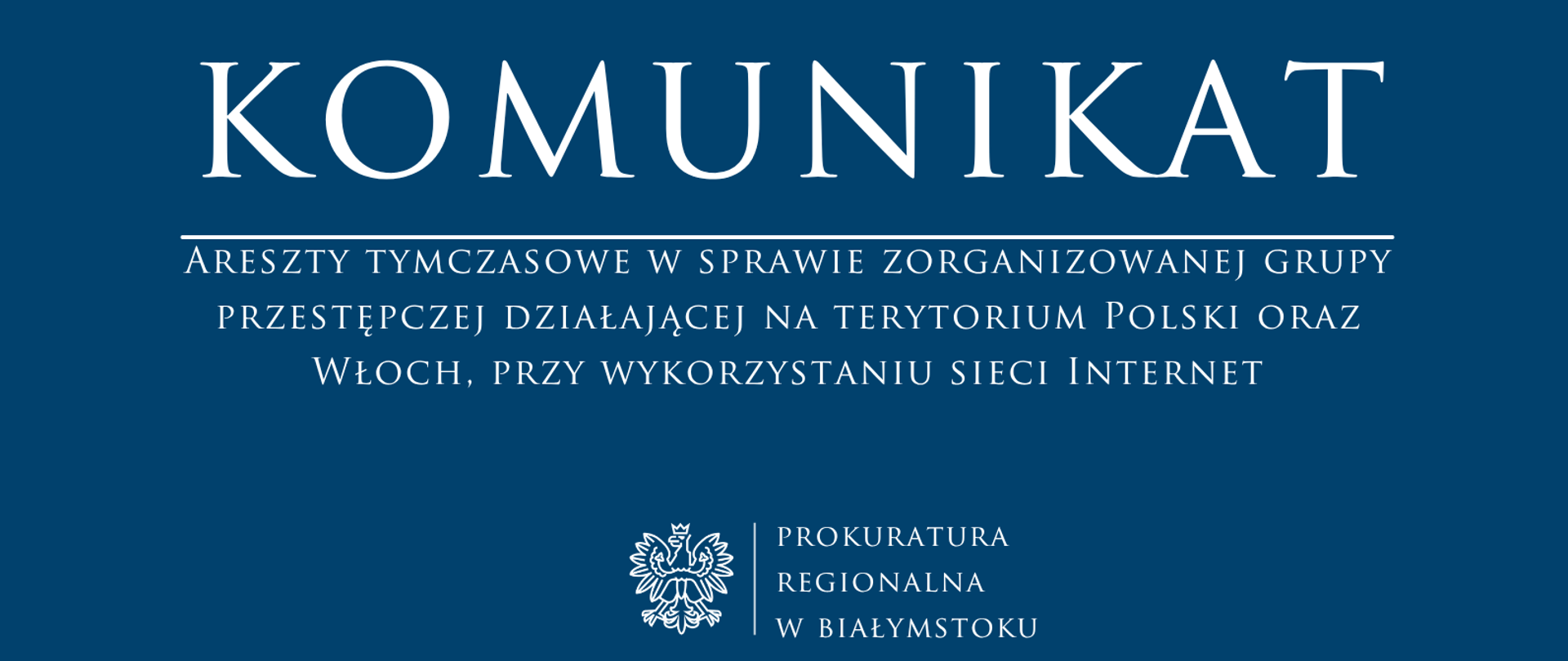 Grafika ma ciemnoniebieskie tło, na którym umieszczono białe napisy oraz godło państwowe. Centralną część zajmuje duży nagłówek "KOMUNIKAT", pod którym znajduję się pozioma linia oddzielająca oraz tekst Areszty tymczasowe w sprawie zorganizowanej grupy przestępczej działającej na terytorium Polski oraz Włoch, przy wykorzystaniu sieci Internet