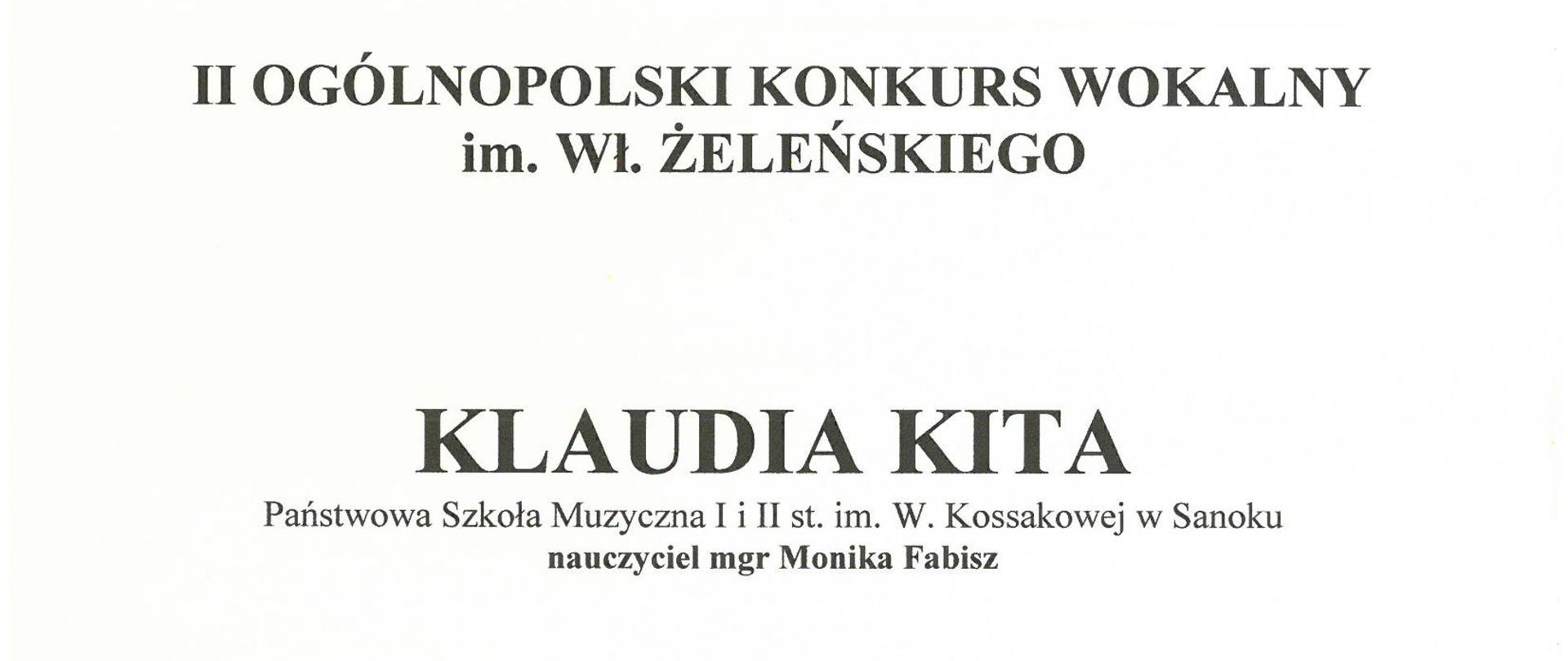 Dyplom za zajęcie III miejsca - Klaudia Kita - Kraków 11-12 stycznia 2024r. II Ogólnopolski Konkurs Wokalny. Jasne tło, czarne litery, na górze logo Szkoły Muzycznej i logo Fundacji Pro Musica Bona