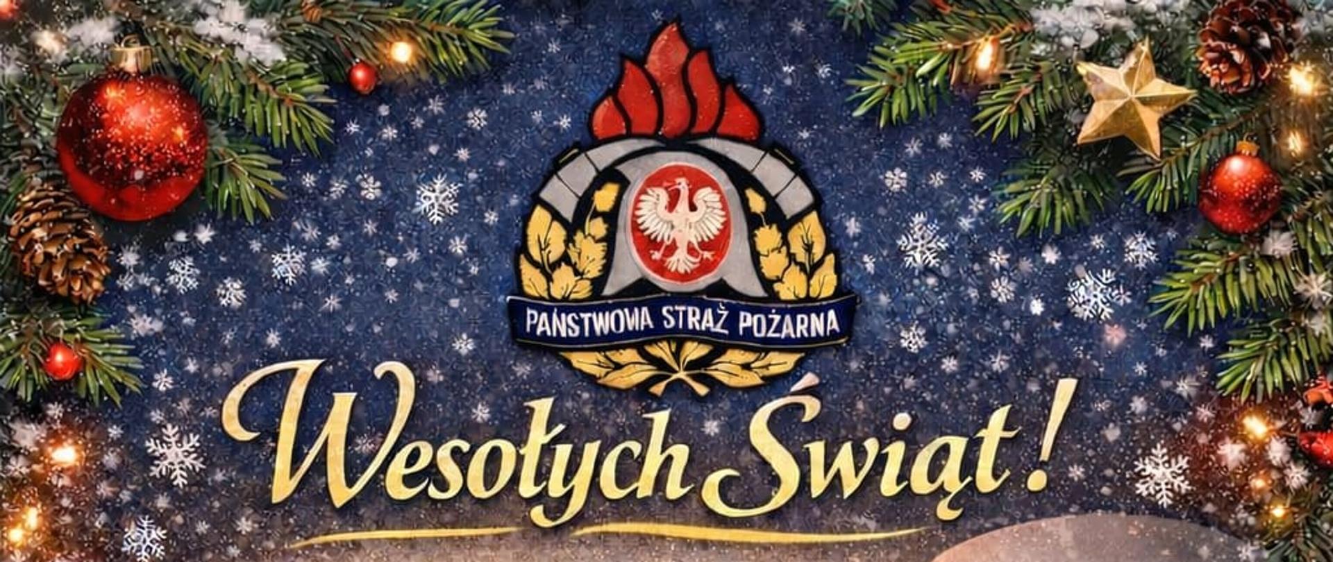 Świąteczna kartka z życzeniami od Państwowej Straży Pożarnej. Na granatowym, zimowym tle z płatkami śniegu widnieje złoty napis „Wesołych Świąt!” oraz dłuższe życzenia świąteczne i noworoczne w języku polskim. U góry umieszczone jest godło PSP z orłem i płomieniem. Kompozycję otacza świąteczna dekoracja z gałązek świerku, bombek, szyszek i lampek. Po prawej stronie znajduje się czujnik dymu, a na dole hełm strażacki w czapce Mikołaja, latarka i laska cukrowa. Całość utrzymana w ciepłej, bożonarodzeniowej estetyce, podkreślającej bezpieczeństwo w domu podczas świąt.