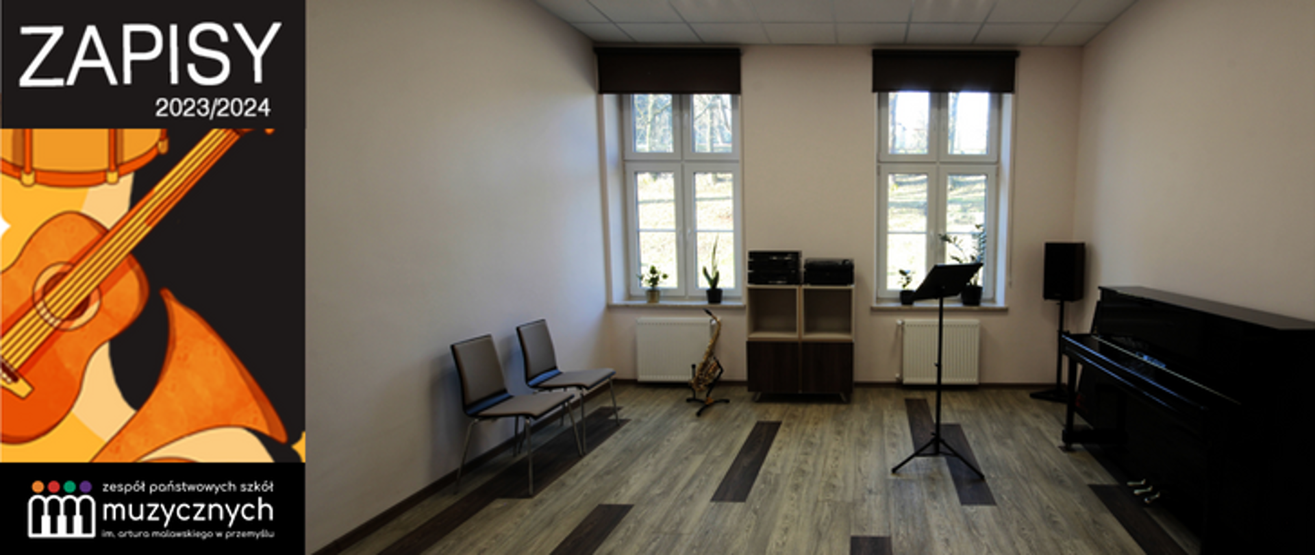 grafika zapisów do szkoły wraz ze zdjęciem wnętrza szkoły