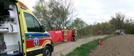 Widok z miejsca wypadku. Po lewej stronie widoczna jest karetka pogotowia ratunkowego. Ma ona otwarte drzwi boczne, widać częściowo jej wnętrze. Bezpośrednio przy karetce widać parawan ochronny straży pożarnej, który przytrzymują strażacy. Za parawanem załoga karetki oraz strażacy prowadzą medyczne czynności wobec osoby poszkodowanej. W tle po prawej stronie widać śmigłowiec lotniczego pogotowia ratunkowego oraz pojazd straży pożarnej. 