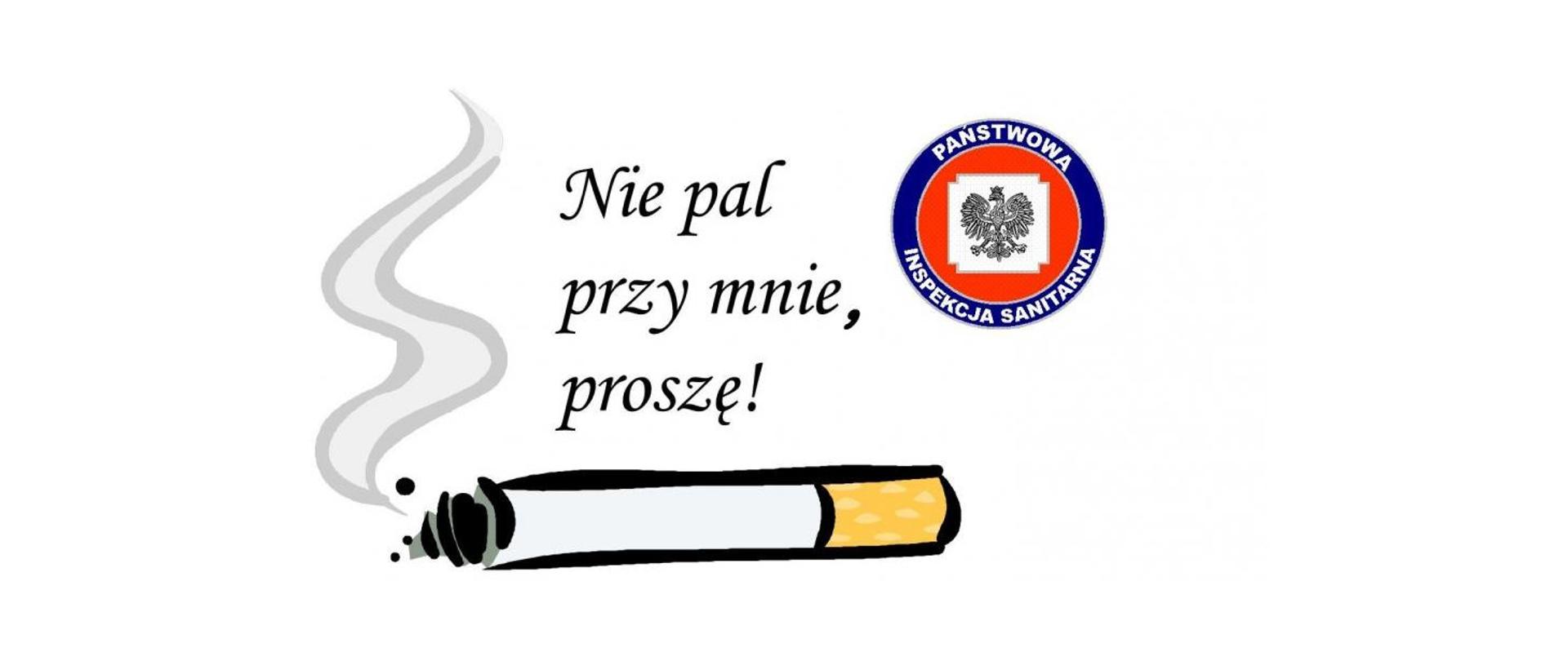 Baner do programu "Nie pal przy mnie proszę": na białym tle napisany tytuł programu, pod którym narysowany jest dymiący papieros. Z prawej strony duże godło Inspekcji Sanitarnej: na białym tle orzeł z godła Polski, ten obraz wpisany jest w czerwone koło. Czerwone koło otoczone jest białym napiem: Państwowa Inspekcja Sanitarna, na ciemnoniebieskim tle.