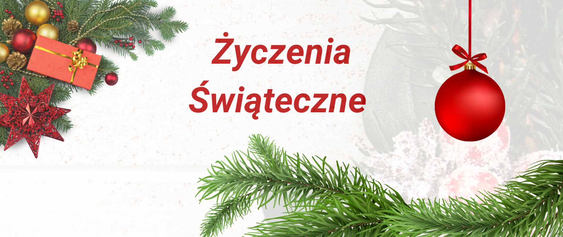 baner na jasnym tle, u góry czerwona bombka, na dole gałązka choinki