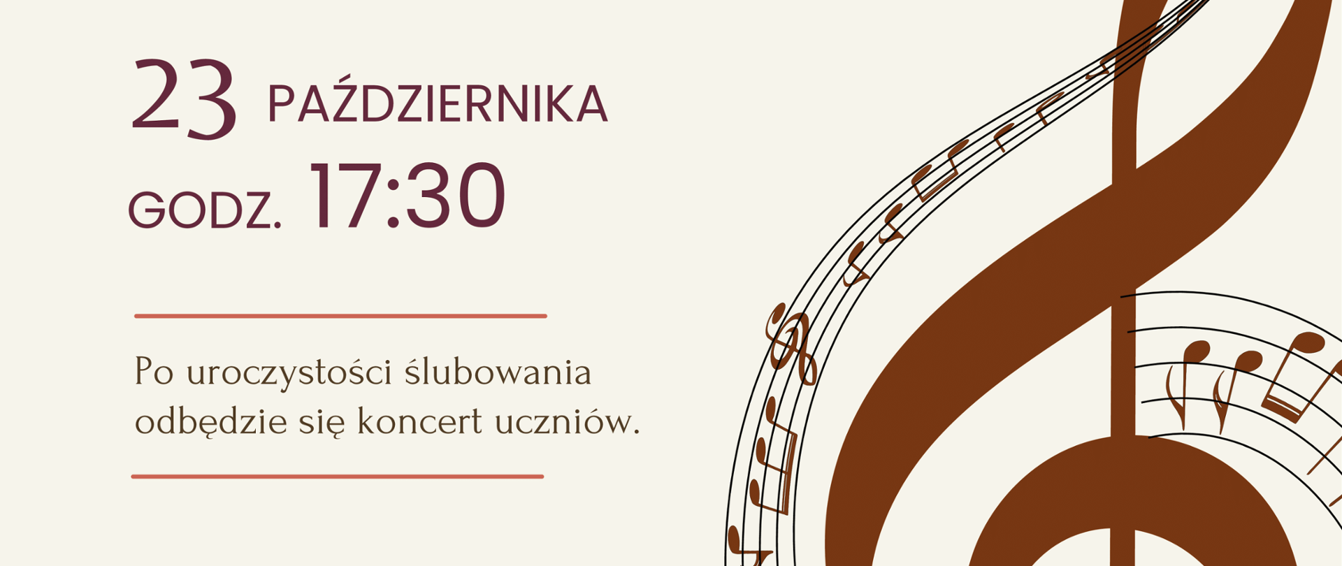 Plakat z informacją o ślubowaniu uczniów klas pierwszych, który odbędzie się w dniu 23.10.2025r., o godzinie 17:30 w sali koncertowej PSM Brodnica