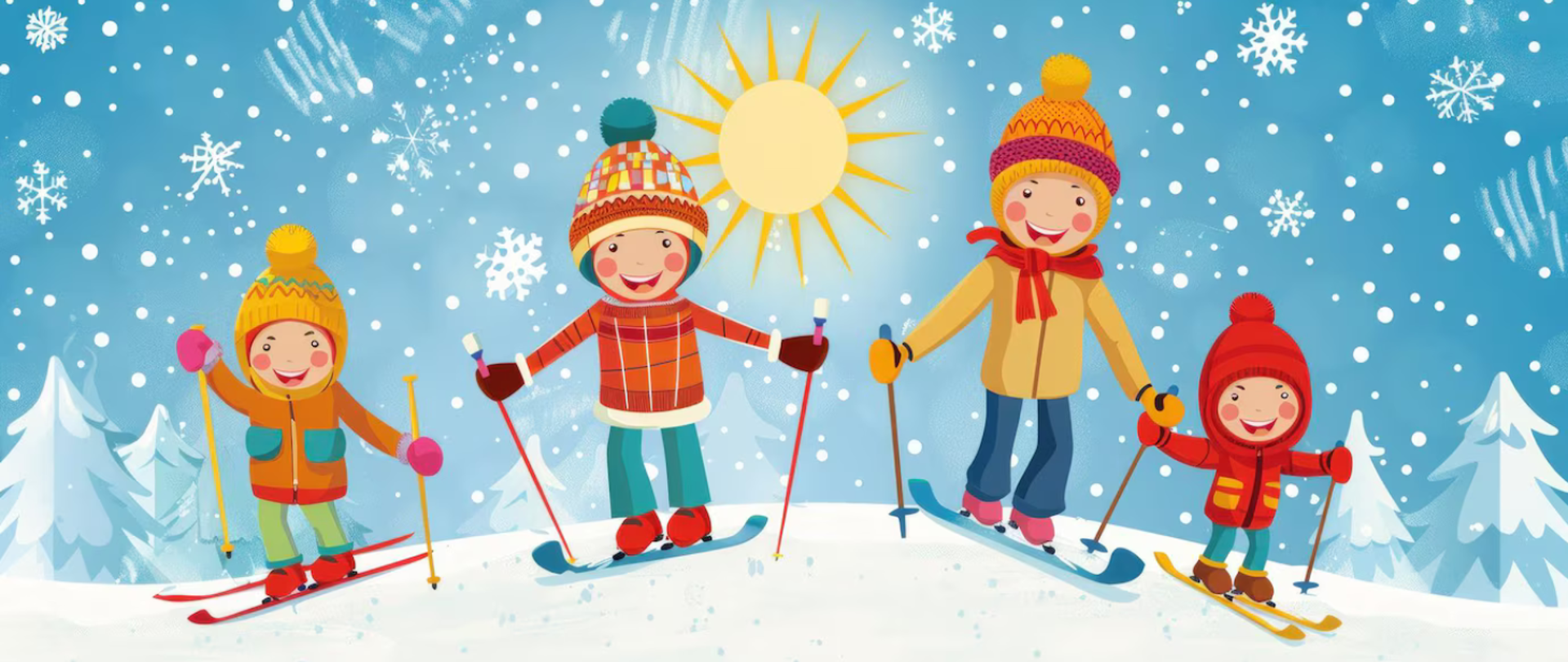 grafika przedstawia grupę dzieci na nartach