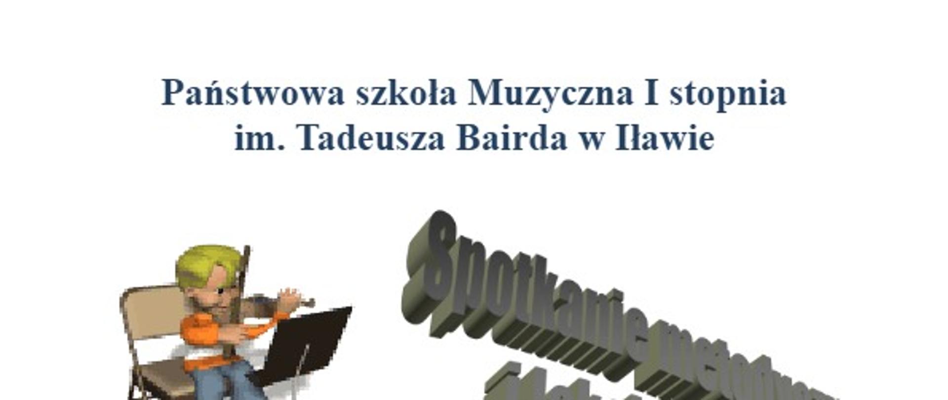 Grafika na białym tle z napisami w kolorze granatowym z motywem chłopca w koszulce w paski w kolorach pomarańczowo białym siedzącego na krześle w kolorze brązowym grającego na skrzypcach przed chłopcem stoi pulpit w kolorze czarnym 