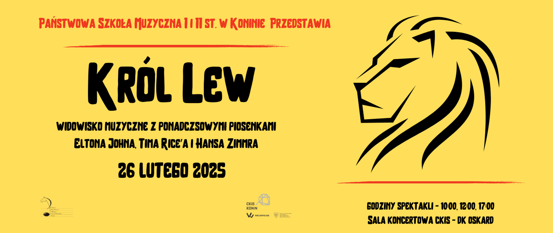 Plakat wydarzenia, na zółtym tle data, godzina, grafika przedstawiająca lwa po prawej