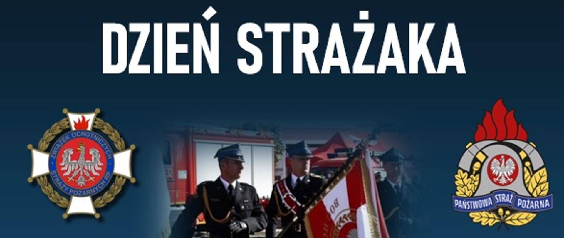 Plakat informujący o odbywających się 02 czerwca 2023 r. powiatowych obchodów dnia strażaka. U góry plakatu znajdują się logo PSP oraz OSP. Po środku przedstawione jest zdjęcie maszerujących strażaków ze sztandarem. Tło plakatu jest granatowe.