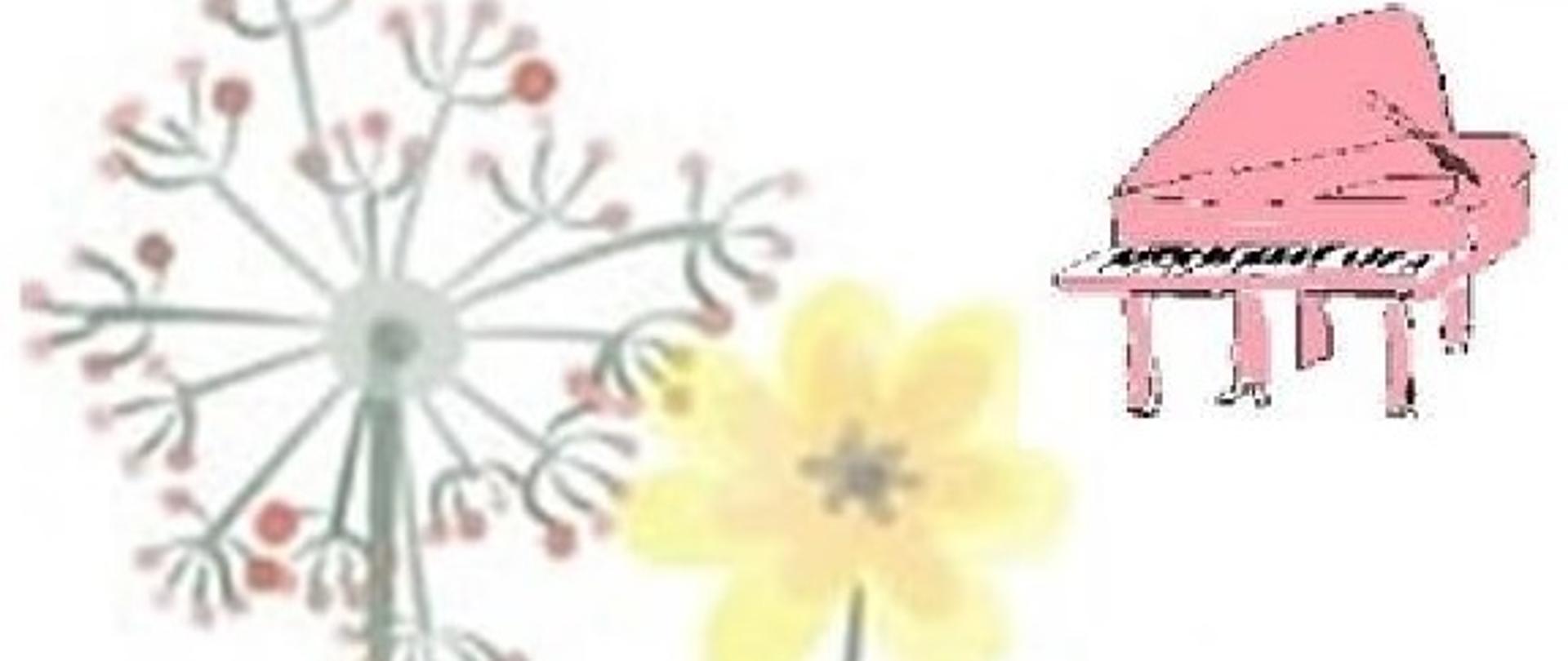 Plakat na tle wiosennych kwiatów z grafiką instrumentów muzycznych.
