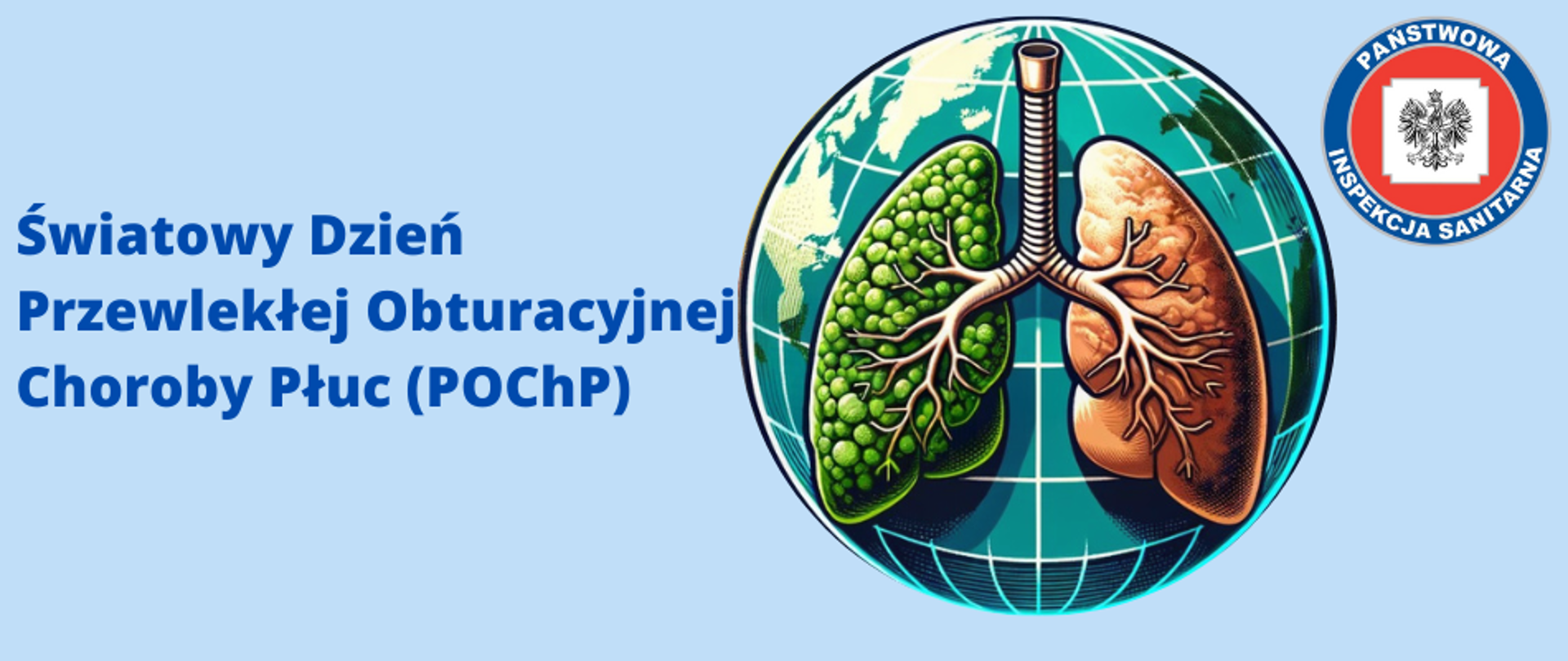 W centrum banneru jest okrągła ilustracja przedstawiająca Kulę ziemską w postaci globusa przed którą widnieje ilustracja tchawicy i zawieszonych na niej pary płuc. Prawe płuco jest zielone, lewe płuco jest brunatne. U góry po lewej stronie widnieje tytuł "Światowy Dzień Przewlekłej Obturacyjnej Choroby Płuc (POChP)." Po prawej stronie u góry widnieje logo z napisem "PAŃSTWOWA INSPEKCJA SANITARNA".
