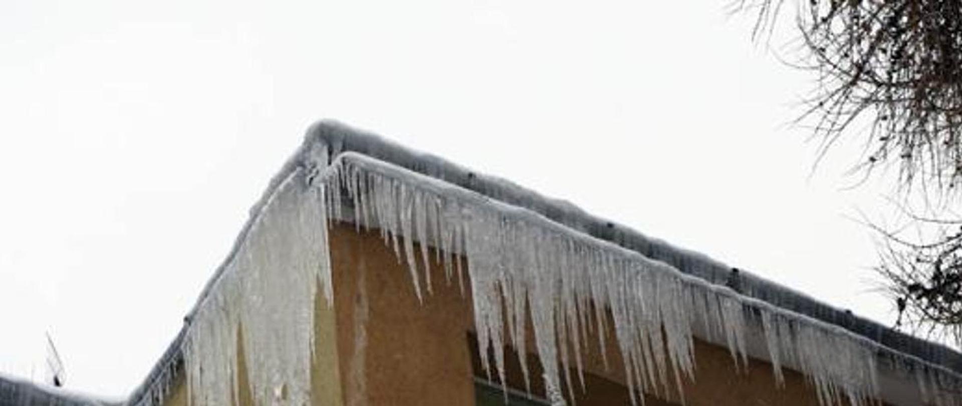 Zdjęcie przedstawia bardzo dużą ilość sopli lodu zwisających z budynku