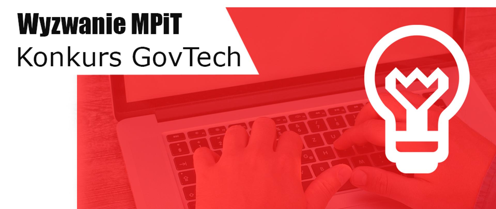 Biało czerwona - grafika. Na pierwszym tle ikona żarówka, w dalszym osoba pisząca na komputerze osobistym. 