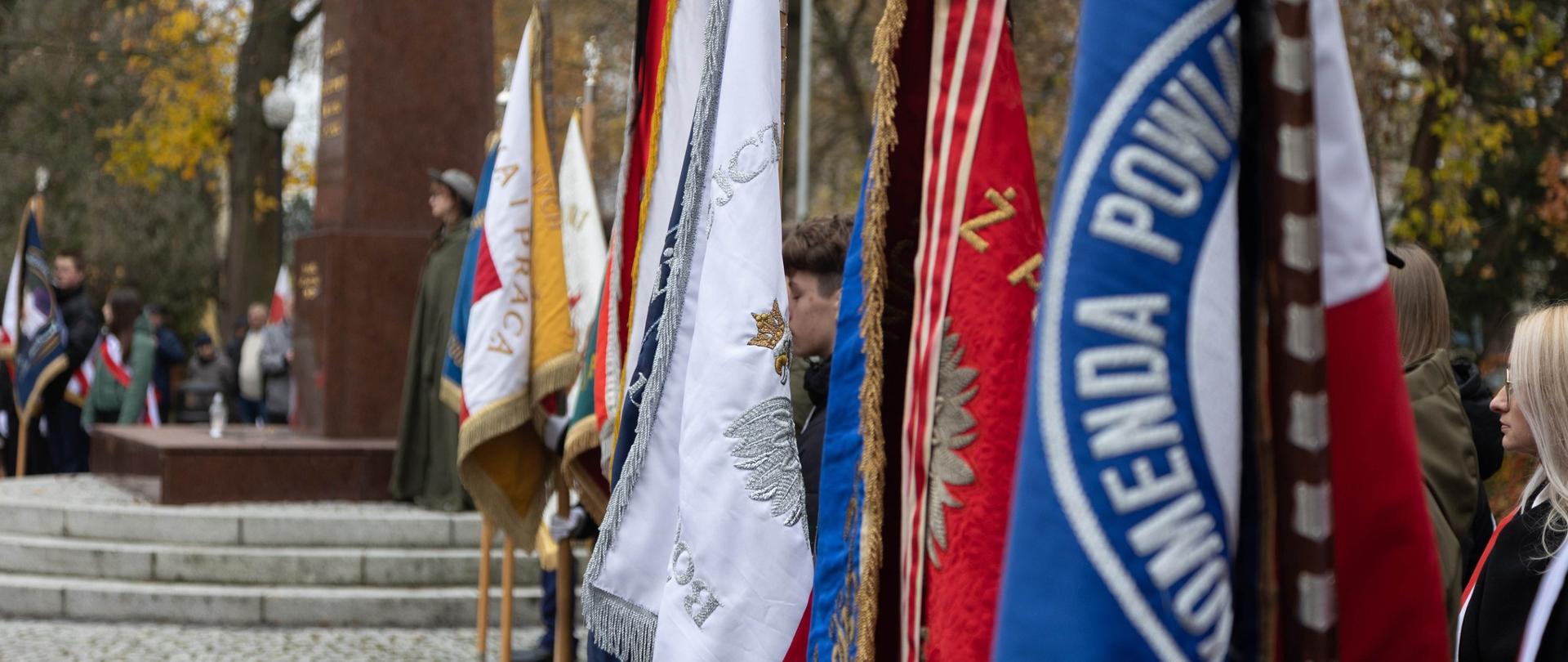 Zdjęcie przedstawia strażaków i inne osoby podczas uroczystości Święta Niepodległości.
W tle budynki.
