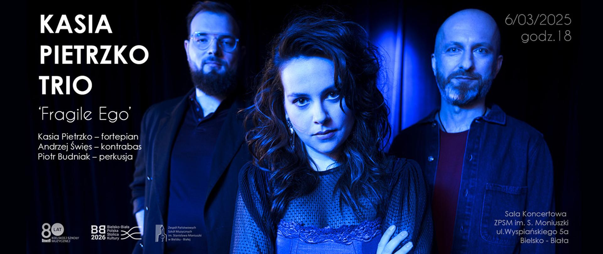 grafika na czarno niebieskim tle, zdjęcie Kasia Pietrzko, Andrzej Święs, Piotr Budniak. Napisy: Kasia Pietrzko Trio Fragile Ego