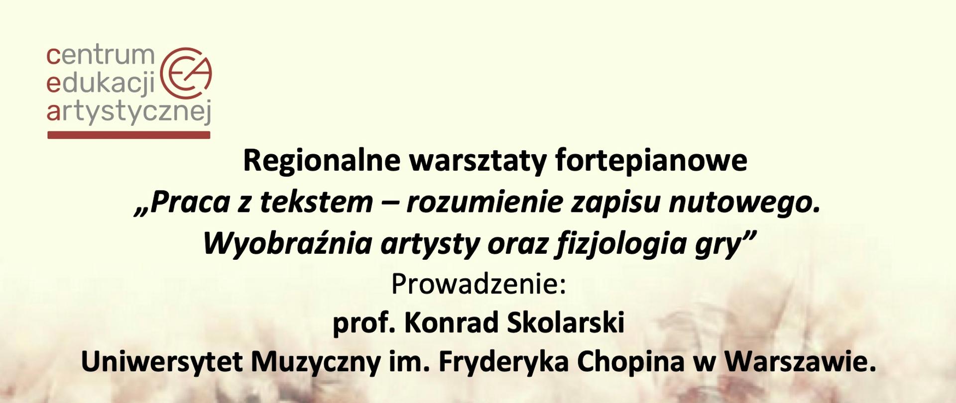 Na żółtym tle u doły symbol klawiatury, powyżej informacje dotyczące warsztatów, w lewym górnym rogu logotyp Centrum Edukacji Artystycznej 