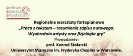 Na żółtym tle u doły symbol klawiatury, powyżej informacje dotyczące warsztatów, w lewym górnym rogu logotyp Centrum Edukacji Artystycznej